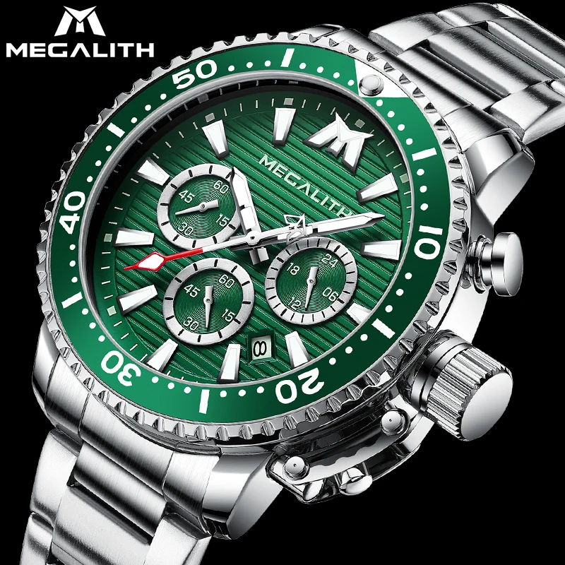

MEGALITH Top Brand Luxury Men Watches Green Dial Stainless Steel Waterproof Fashion Watch Men Sport Chronograph Wristwatch 8216