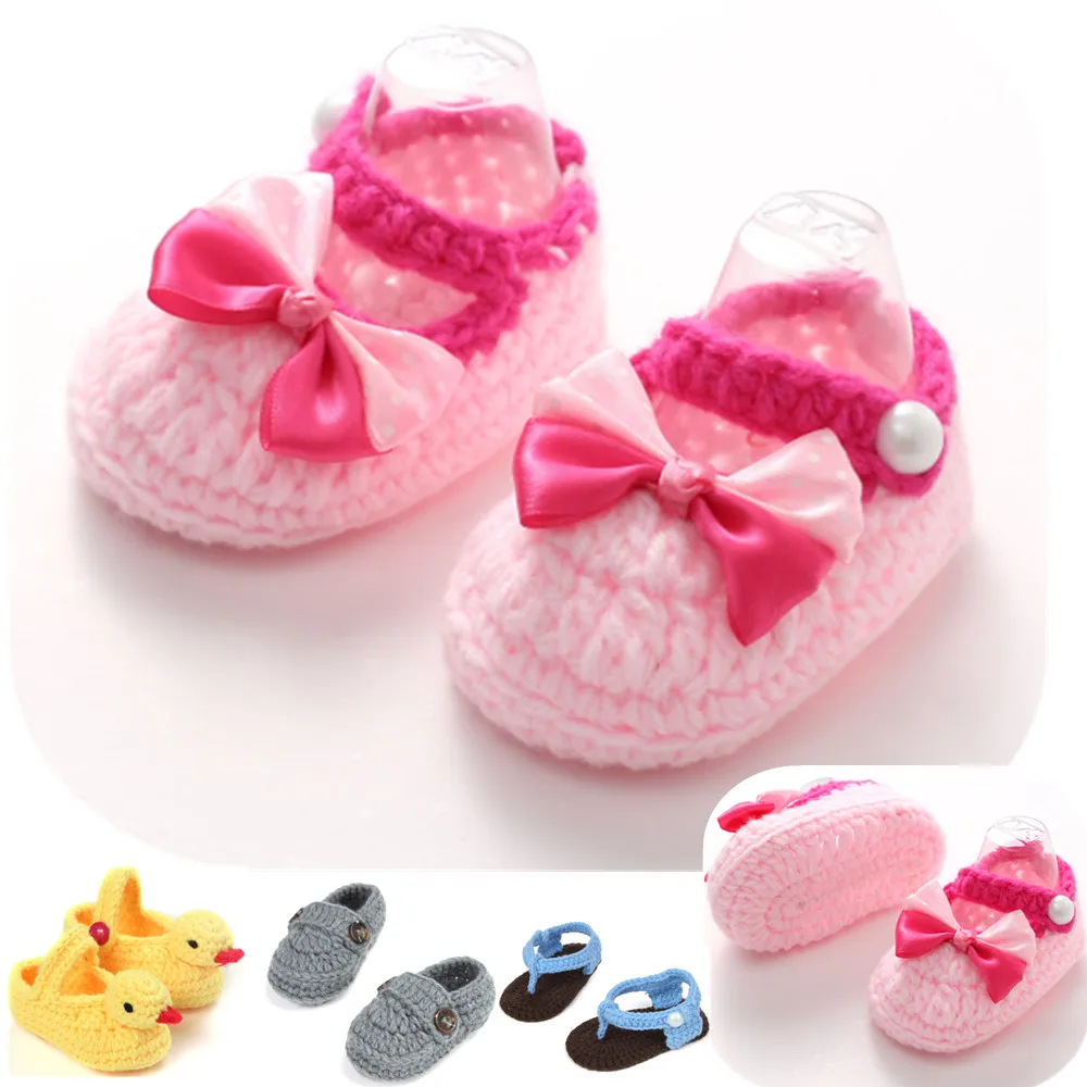 0-8MHand-knitted обувь без каблука мягкие туфли для малышей носки новорожденных с бантом