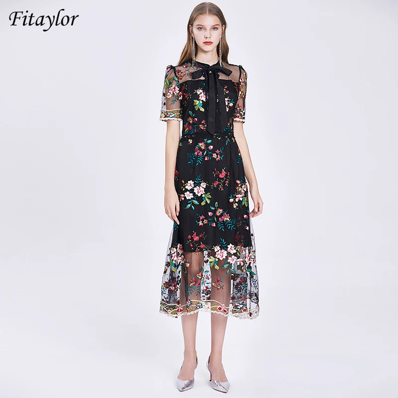 

Женское платье до середины икры Fitaylor, Элегантное летнее платье с вышивкой и коротким рукавом, приталенное платье с бантом и высокой талией