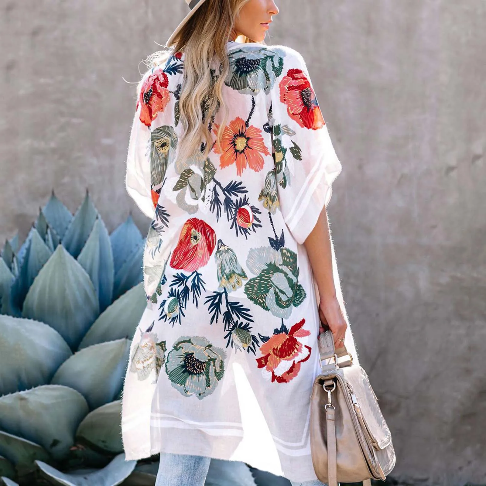 Ladies Chiffon Kimono Cardigan Shirt Flower Print Beach Long Top Shawl Loose Jacket Пляжная | Женская одежда