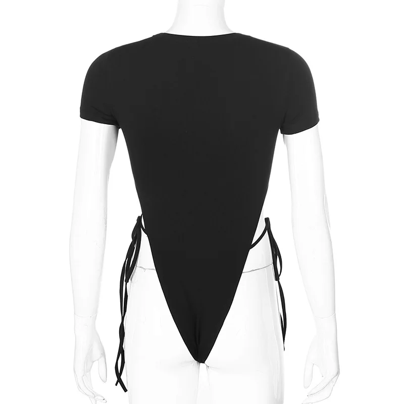 

WEPBEL Slim Fit Bodysuits Summer Fashion Printing Lace Up Bodysuits Women's Sexy Short Sleeve O-Neck High Waist Bodysuits