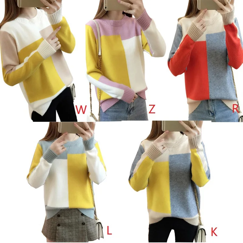 

5Color Autumn Winter Korean style Contrast Color Sweater Women Long Sleeve Jumper Sweater Pullover Knitted Sweater pull femme