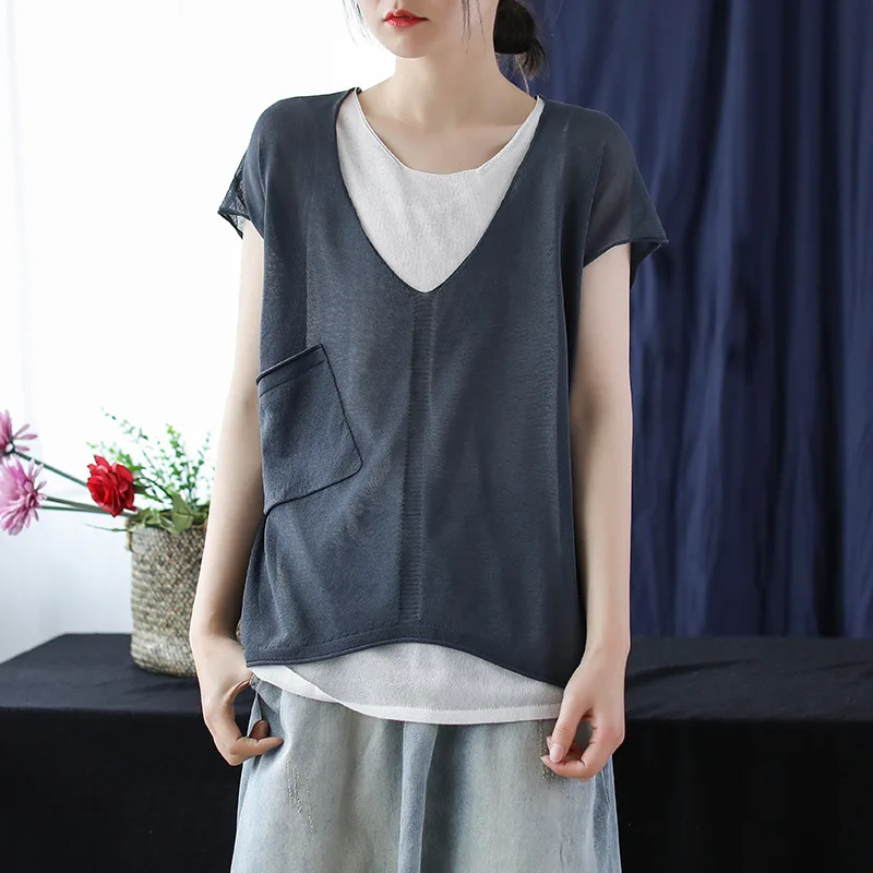 

Masss Wasss Korean New Design 2021 Summer Ladies Pockets Casual Short Sleeve Tee Womens Knitted Blue Tshirts Female Vintage Tops