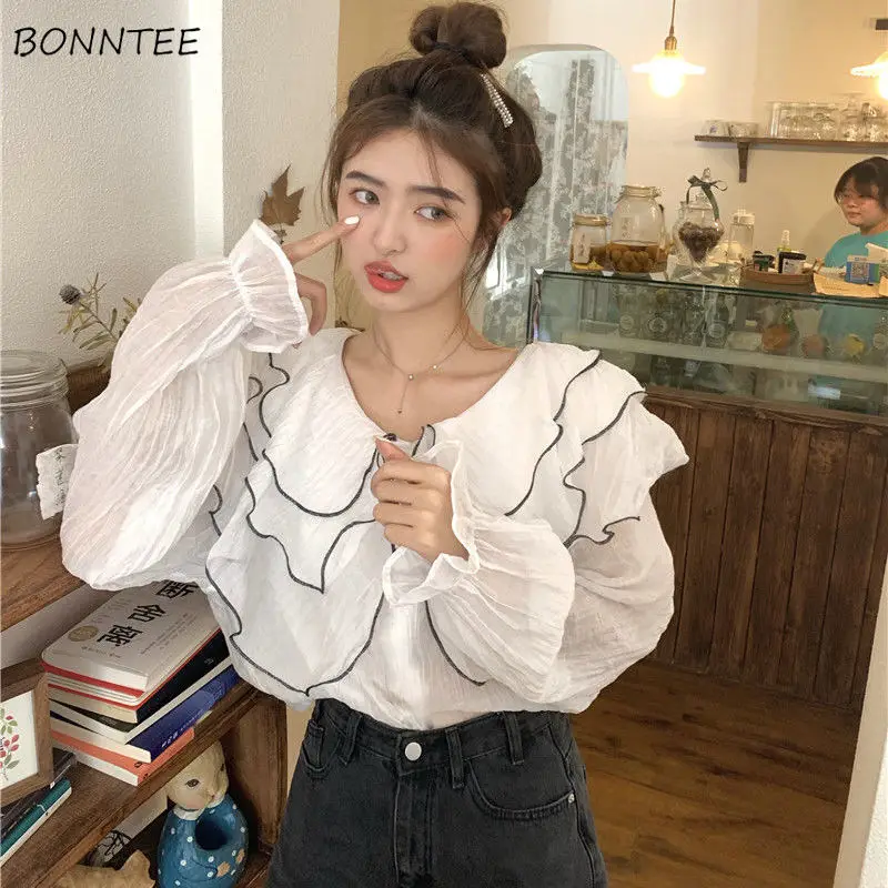 

Blouse Women Lovely Flare Sleeve Fashion Ruffled All-match Casual Daily Chiffon Tender Classy Preppy Style Elegant Harajuku Cozy