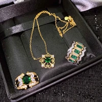 vintage synthetic emeralds women ring gold color jewelry carved flower finger ring female charm necklace jewelry gift party ring