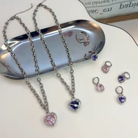 mengjiqiao 2021 fashion pink purple heart crystal pendent necklace for women silver color link chain necklace party jewelry