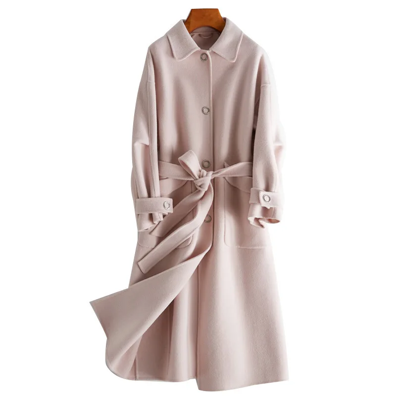 

2020 new lace up waist down pure color double faced tweed coat women's long woolen coat