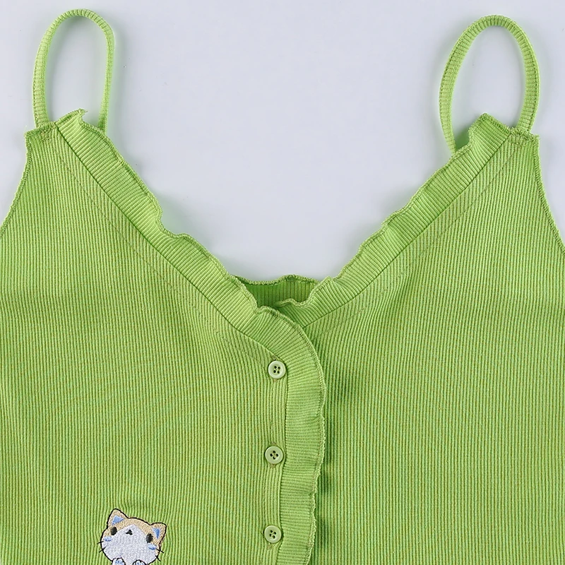 

IAMSURE Cute Cartoon Embroidery Camis Top Sweet Slim V-Neck Sleeveless Spaghetti Straps Crop Top Women 2021 Casual Kawaii Tanks