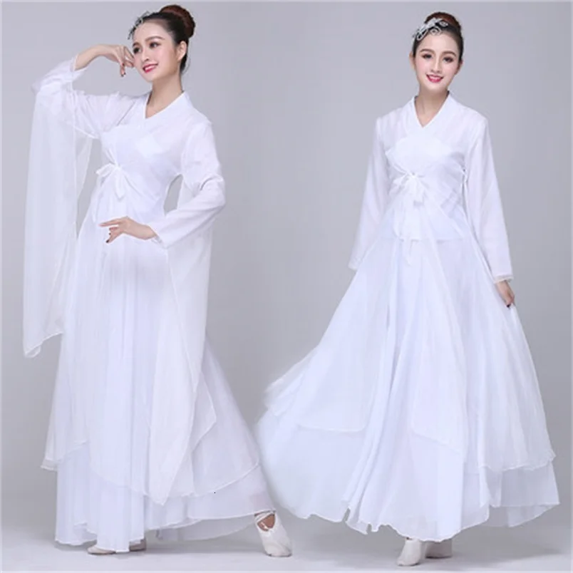 

Classic folk dance dress elegant adult style white / red elegant Chinese dress Hanfu white and red color woman long sleeve