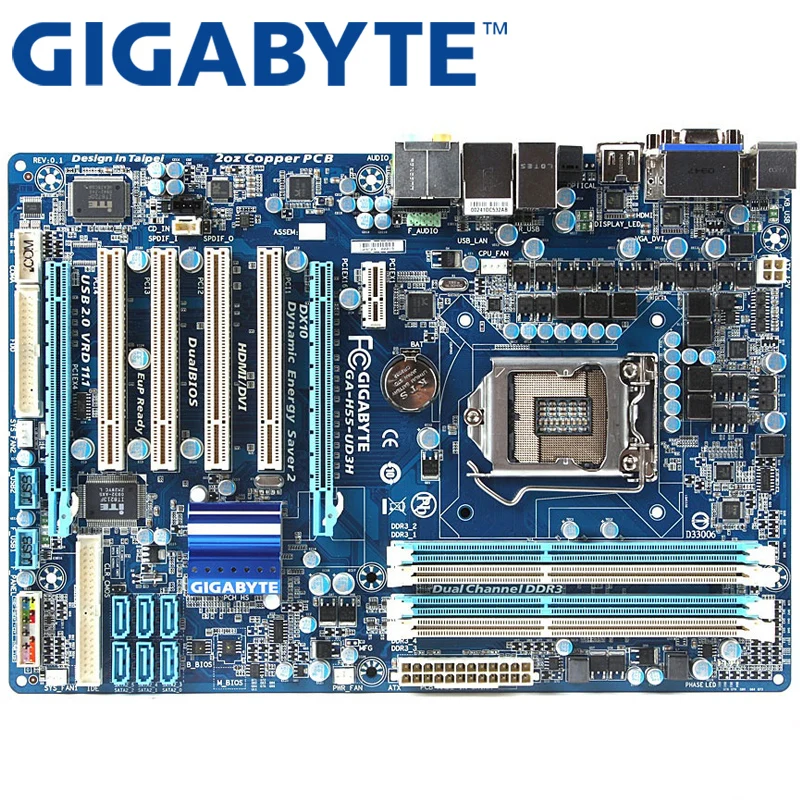 

GIGABYTE GA-H55-UD3H Desktop Motherboard H55 Socket LGA 1156 i3 i5 i7 DDR3 16G ATX Original Used Mainboard H55M-D2H