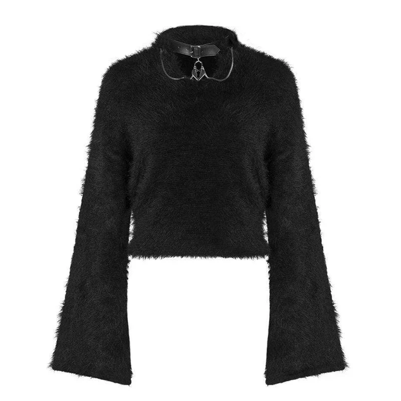 PUNK RAVE Girl's Flare Sleeved Fluffy Sweaters with Detachable Choker Winter Keep Warm Black White Women Sweater | Женская одежда