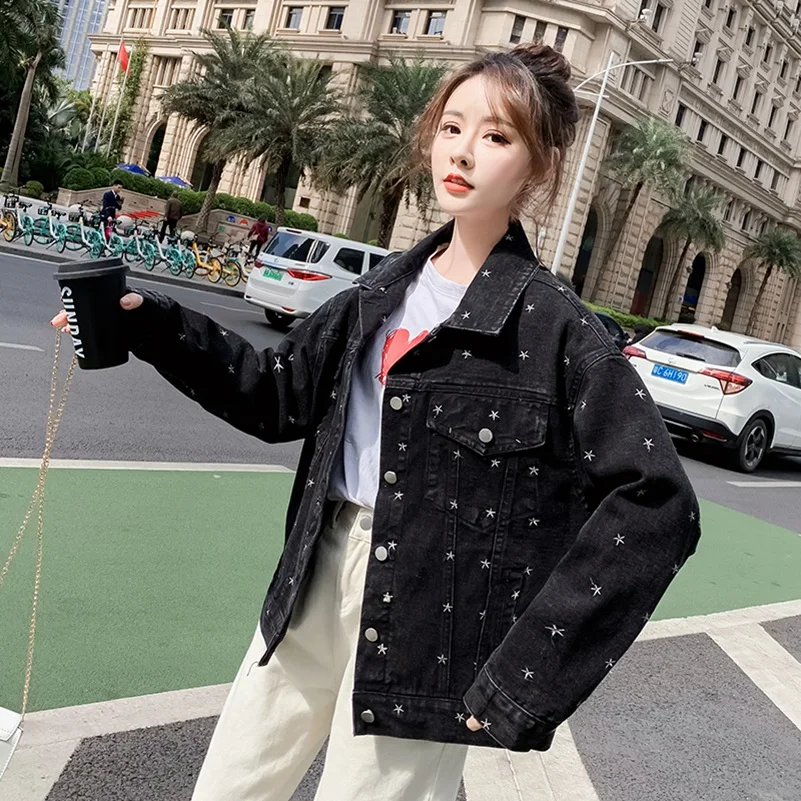Женская джинсовая куртка свободная с вышивкой в виде звезд новинка весны 2021 |