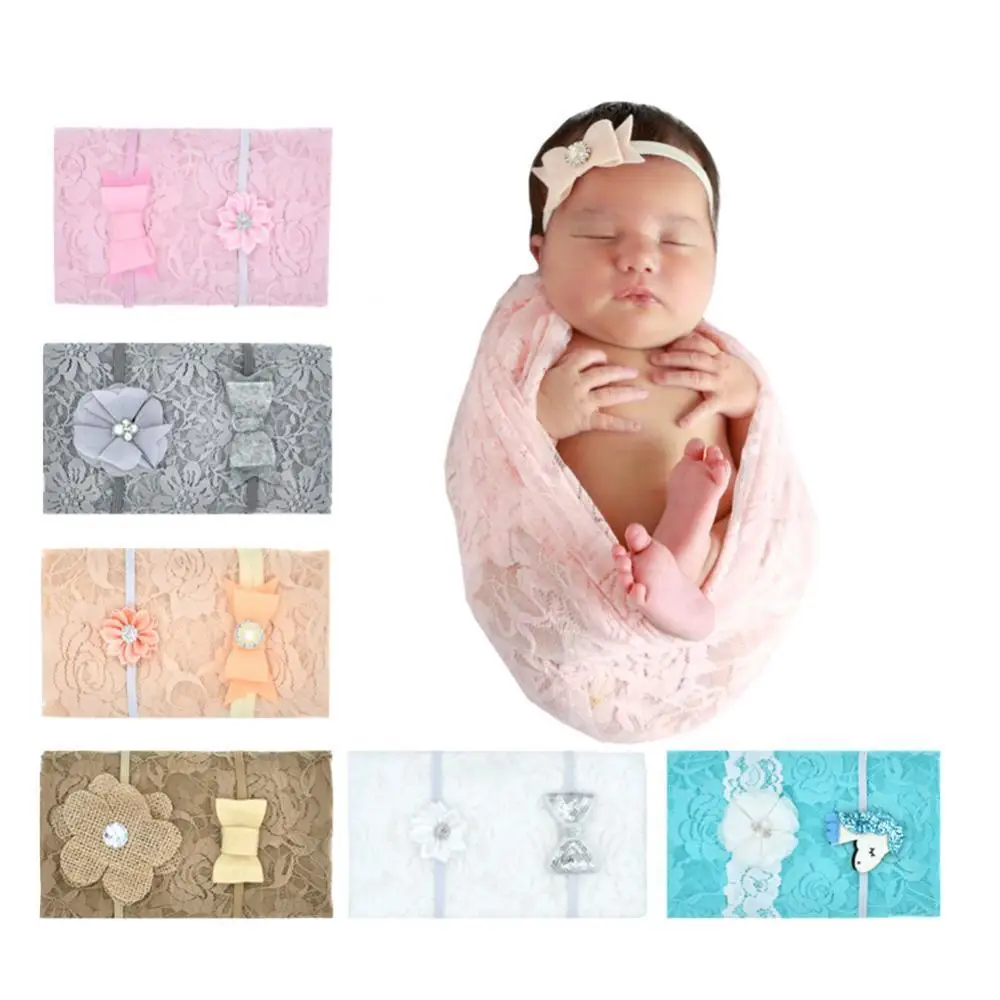 

Hot Sale 60% 3Pcs/Set Newborn Baby Swaddle Blanket Headband Floral Lace Blanket Swaddle with Faux Pearl Headbands Decor