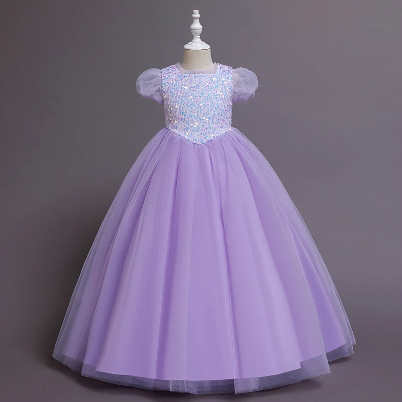 Girls princess dress short sleeve rainbow color elegant wedding party opening celebration puff skirt long sleeveless dress 2021