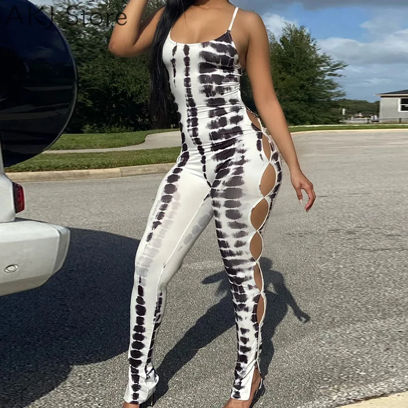 

Women Spaghetti Strap Print Hollow Sleeveless Skinny Jumpsuit Female Romper