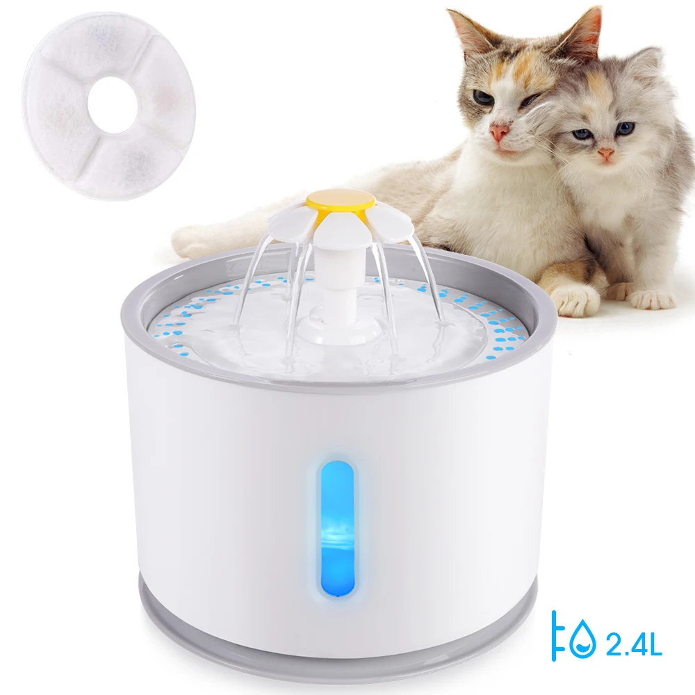 Fuente de agua para mascota, dispensador automático, bebedero silencioso de perros y gatos, con iluminación LED, 5 filtros, 2,4 L y USB
