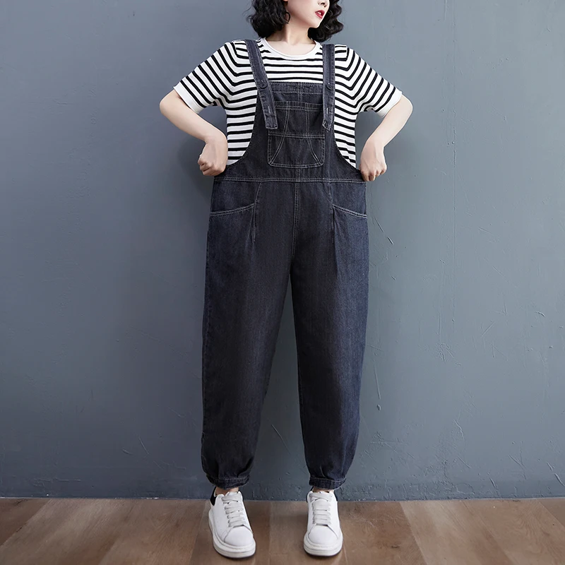 New Arrival Autumn Plus Size Jeans Jumpsuits Women Casual Loose Wide Leg Baggy Bib Pants Rompers Suspender Black Denim Overalls