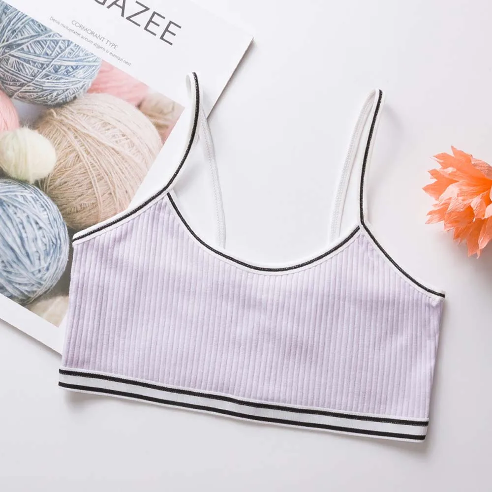 1PC Teenage Puberty Girl Sweet Candy Color Bra Underwear Striped Patchwork Thread Ribbed Wireless Bralette Vest - Цвет: Purple