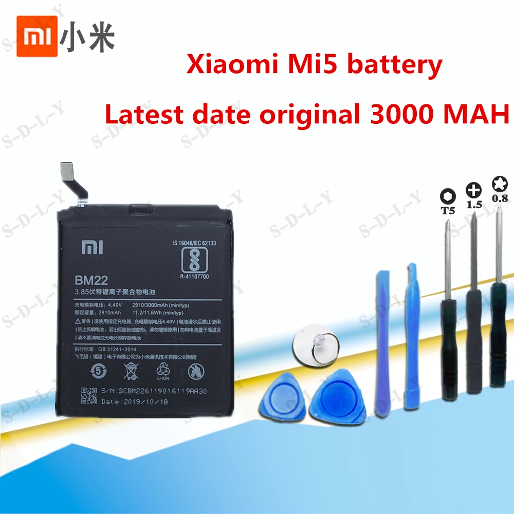 

100% Original Backup for Xiaomi 5 BM22 Battery 2910 mAh Smart Mobile Phone for Xiaomi mi5 mi 5 BM22 + + Tracking + tools