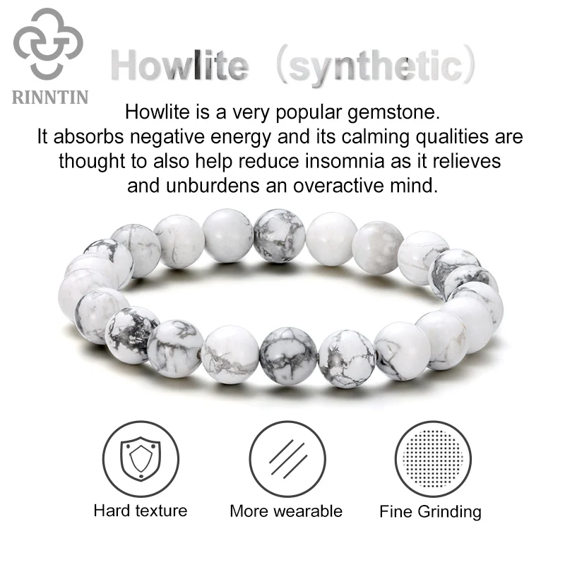 

Rinntin Natural White Howlite Stone Beaded Bracelets 8mm for Women Men Elastic Rope Meditation Bracelets Jewelry Gifts GMB36