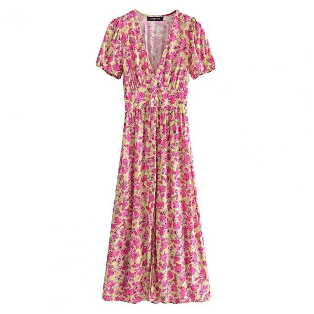 

Summer Bohemia Casual Retro Puff Short Sleeve Floral Print Female Dress V Neck Long Dress Ruched Split Dresses for Women 2021