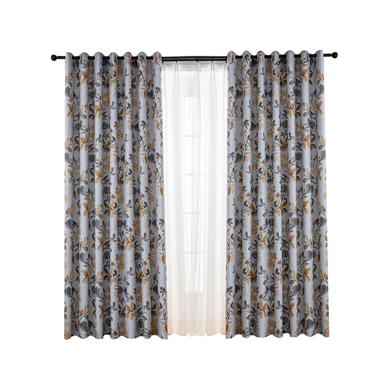 

High-end New Blackout Cloth Leaf Printing Curtains Fashionable Modern Pastoral Style Bay Window Curtains for Living Room Bedroom