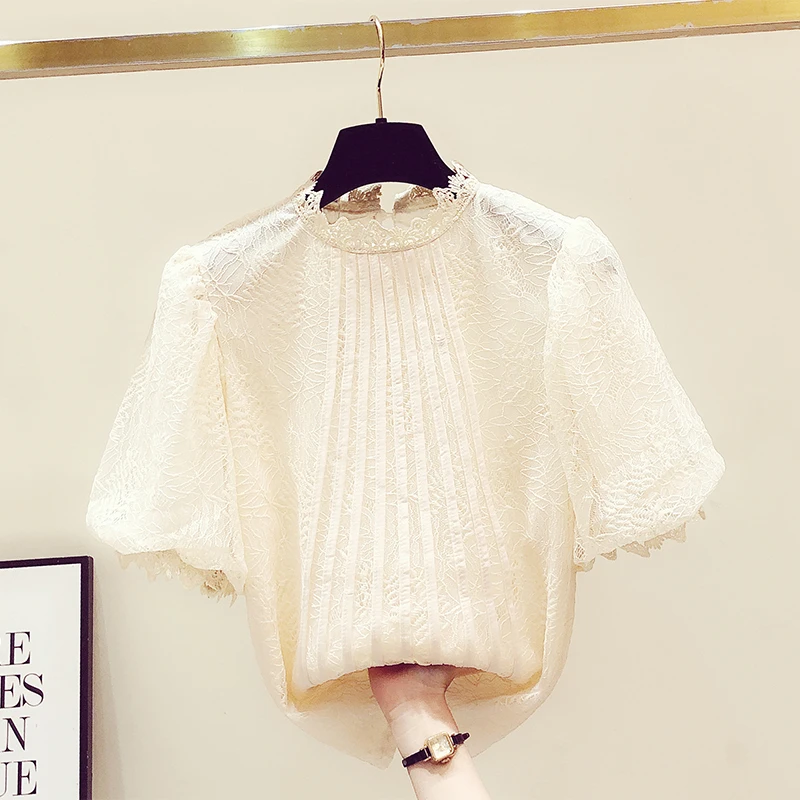 

2021 Spring Summer New Stand Collar Lace Shirt Top Women's Korean Lantern Short Sleeve Shirts Blouse Female Blouses Basic Tops