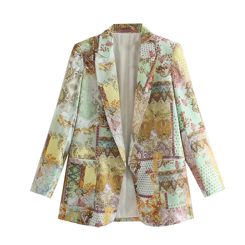 

Женский блейзер с цветным принтом и карманами, на лето и осень