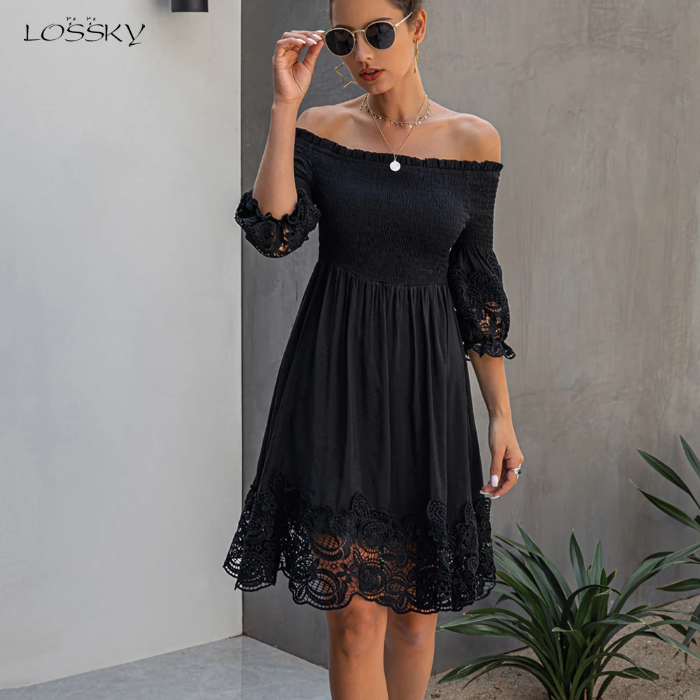 Женское вечернее платье с открытыми плечами черное кружевное открытой спиной и