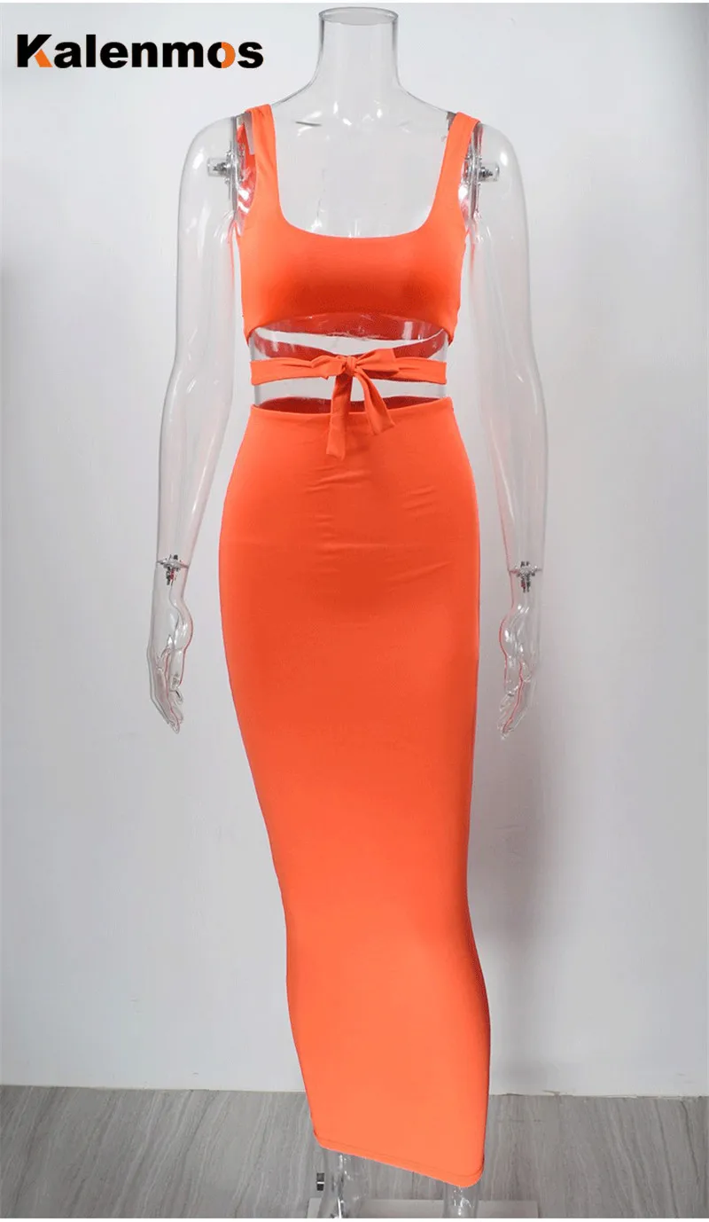 

Sexy Bandage Crop Top Long Skirt Women Two Piece Set Sexy Sleeveless Tops Beachwear Streetwear 2021 Tracksuit Clothes for Women