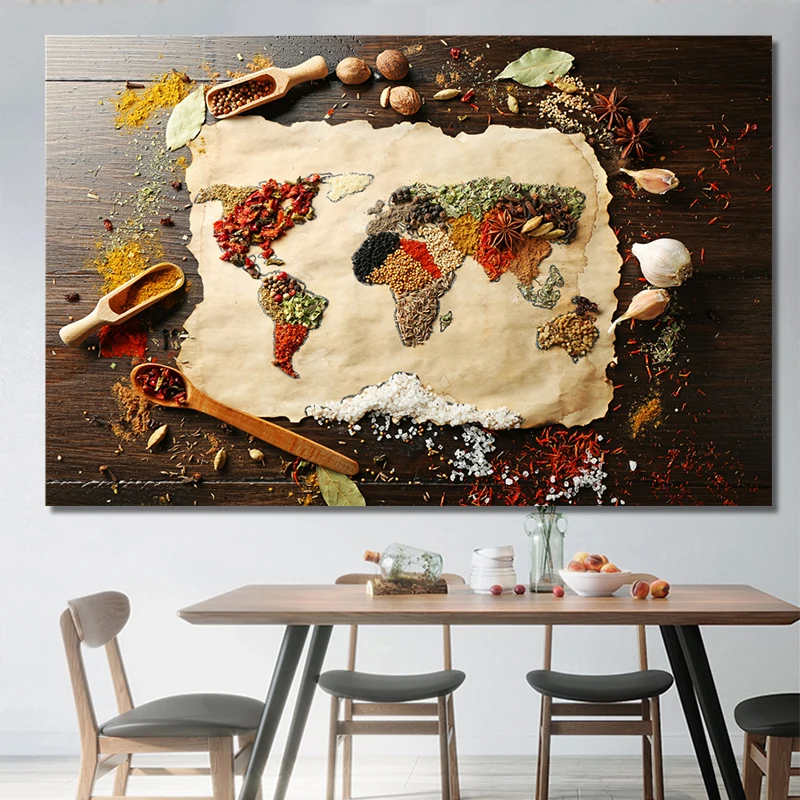 Гобелен с картой мира холщовые плакаты карточки различными специями дизайн едой