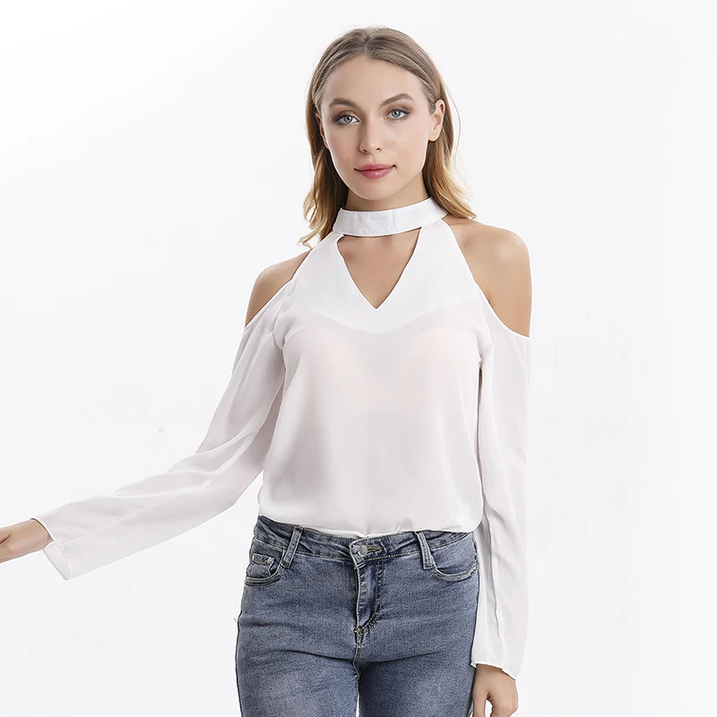 Осень Для женщин без бретелек шифоновое топы сексуальные с длинным рукавом