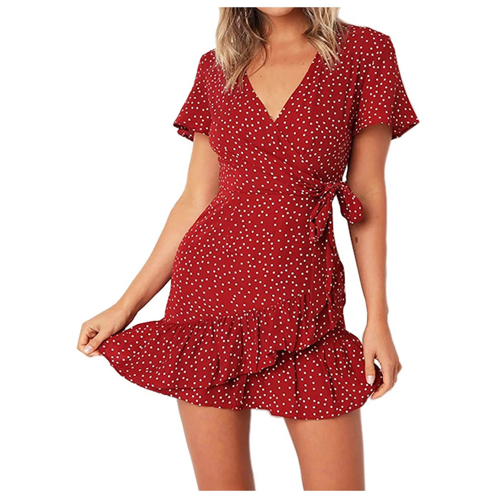

moda 2021 vestidos Dresses For Women Dot Printed Short Sleeve V-neck Dress Beach Party utterfly Lace-up Ruffle Mini Dress#A