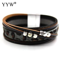 punk multilayer braid genuine pu leather bracelet titanium stainless steel magnetic buck bracelet for men gift
