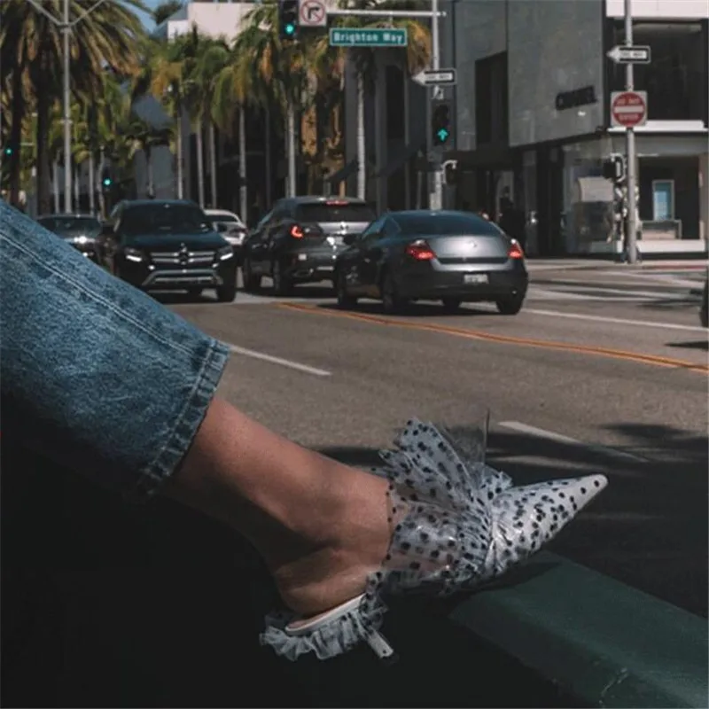 

Fashion Pointed Toe Women Pumps Summer High Heel Slippers Gladiator Sandals Ruffled Mules Outside Slides