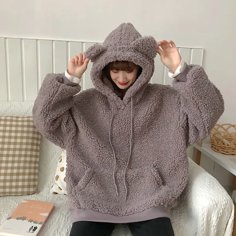 

Hoodies Women Oversize S-3XL Winter Solid Plus Velvet Thicker Plush Cute Sweet Warm Hooded Sweatshirts Ins Leisure Fashion Teens