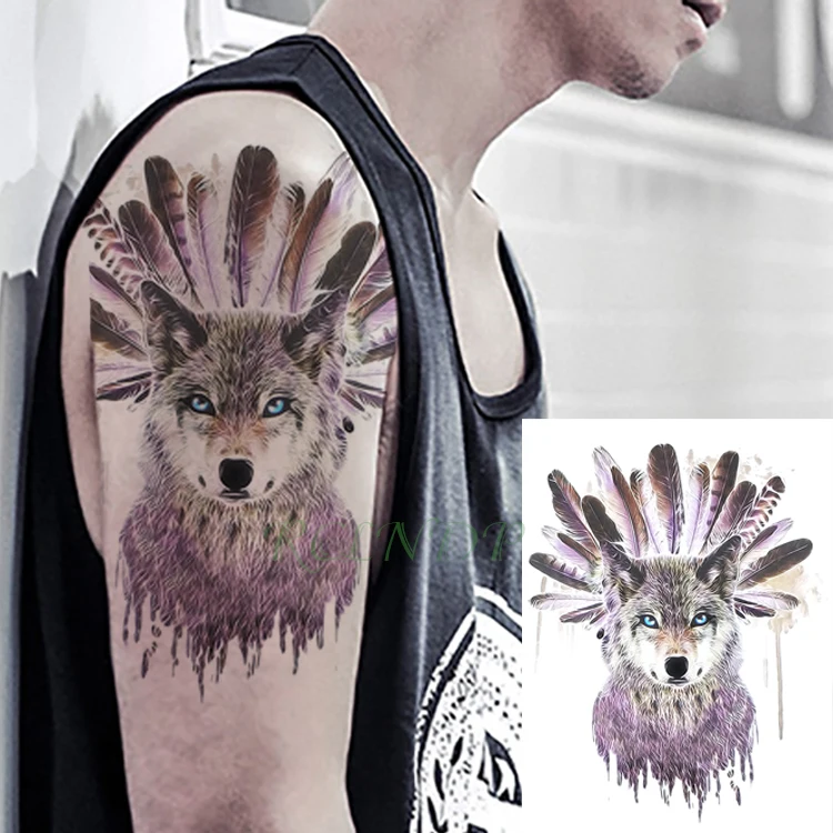 

Водостойкая Временная тату-наклейка волк волки перо фальшивая тату флэш-тату большой размер татуаж ноги руки для женщин мужчин девушек