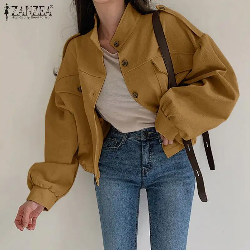 

Women Casual Solid Jackets 2021 Autumn Short Outwear Female Oversized Single-Breasted Cardigans ZANZEA Fashion Long Sleeve Coats