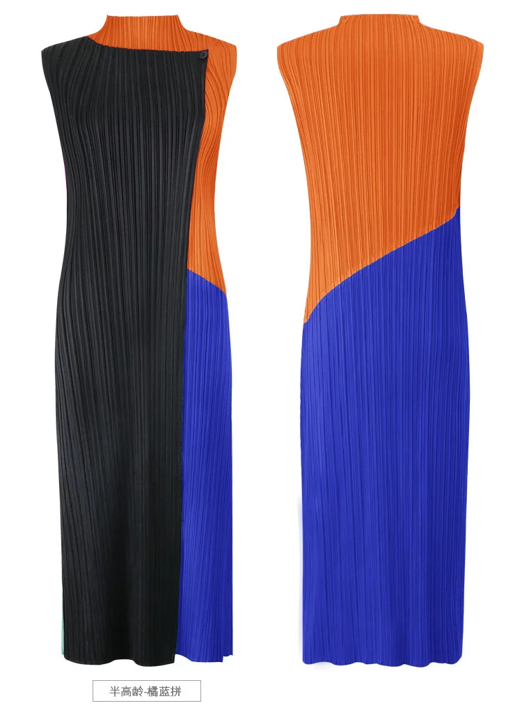 

TVVOVVIN 2021 Summer New Simple Spliced Contrast Dress Sleeveless Slim Medium Length A-line Pleated Dress For Women OH3Z