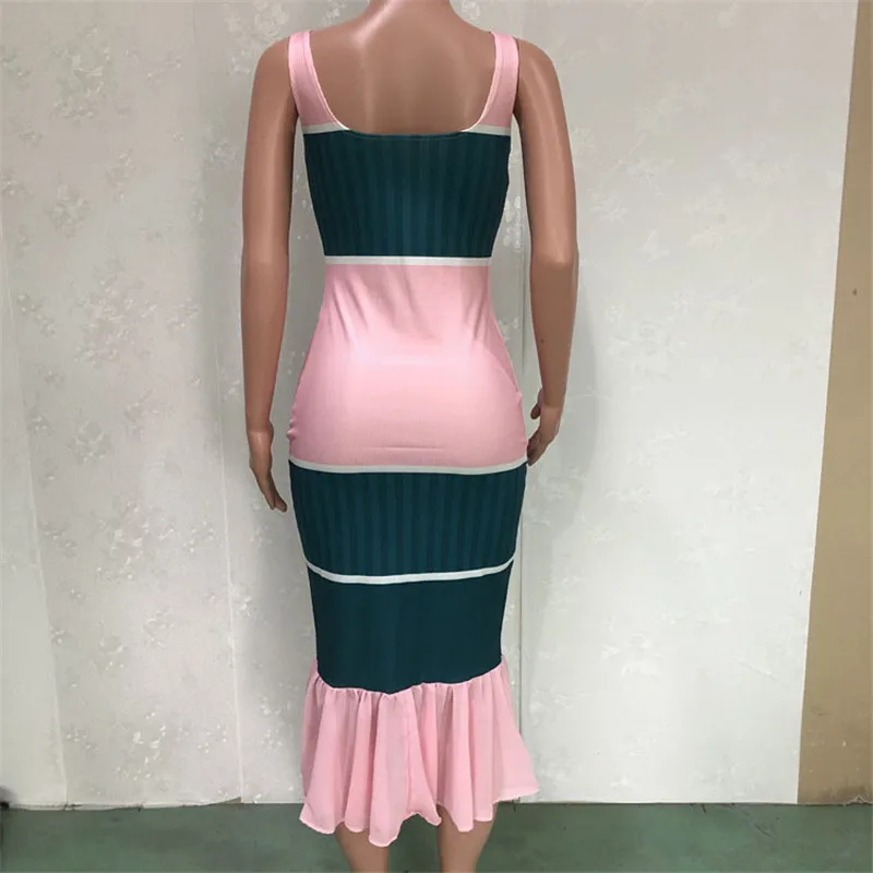 

WUHE Chiffon Print Casual Dresses Patchwork Color Contrast Spaghetti Strap Deep V Neck Sleeveless Off Shoulder Party Clubwear