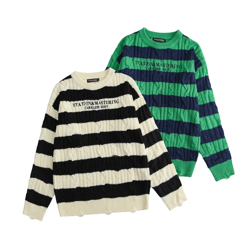 

Trend Splicing Stripe Couples Hedging Sweater Autumn and Winter Long Sleeve Round Neck Male Letter Hip Hop Pullover