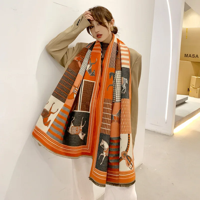 

JTVOVO 2021 New Luxury Imitation Cashmere Winter Warm Big Scarf Shawl Women Scarves Tippet Pashmina Foulard Female Letter Print