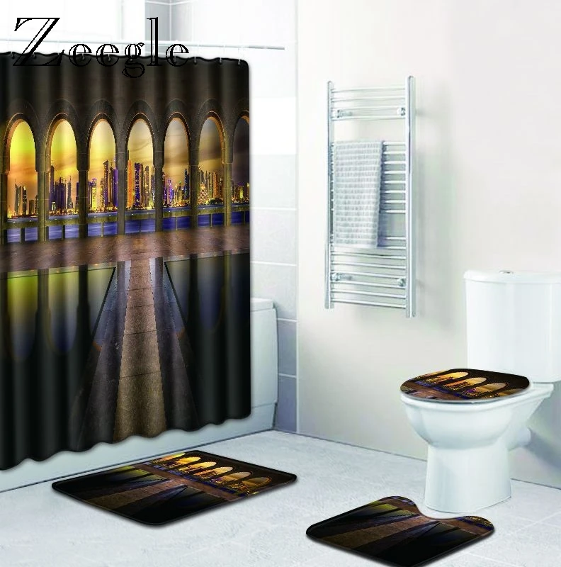

Zeegle Architectural Pattern Bath Mat and Shower Curtain Set 4PCS Bath Rug Set Toilet Cover Bath Carpet Bathroom Accessories