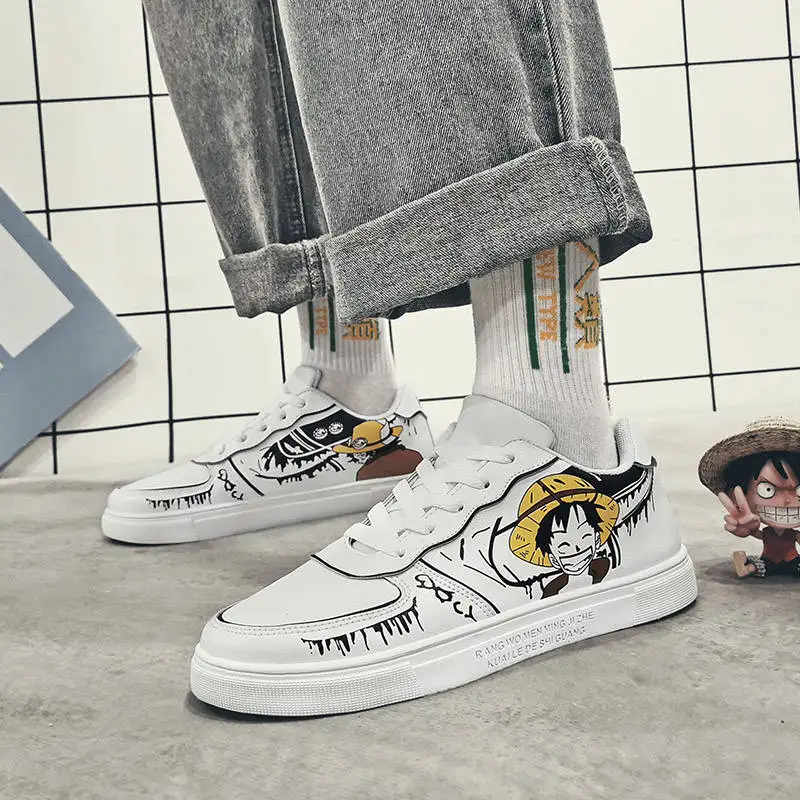 

Hot Sale Summer Men's Board Shoes Anime Printing Skateboard Shoes Couple Comfortable Soft Microfiber Cartoon Men White Sneakers