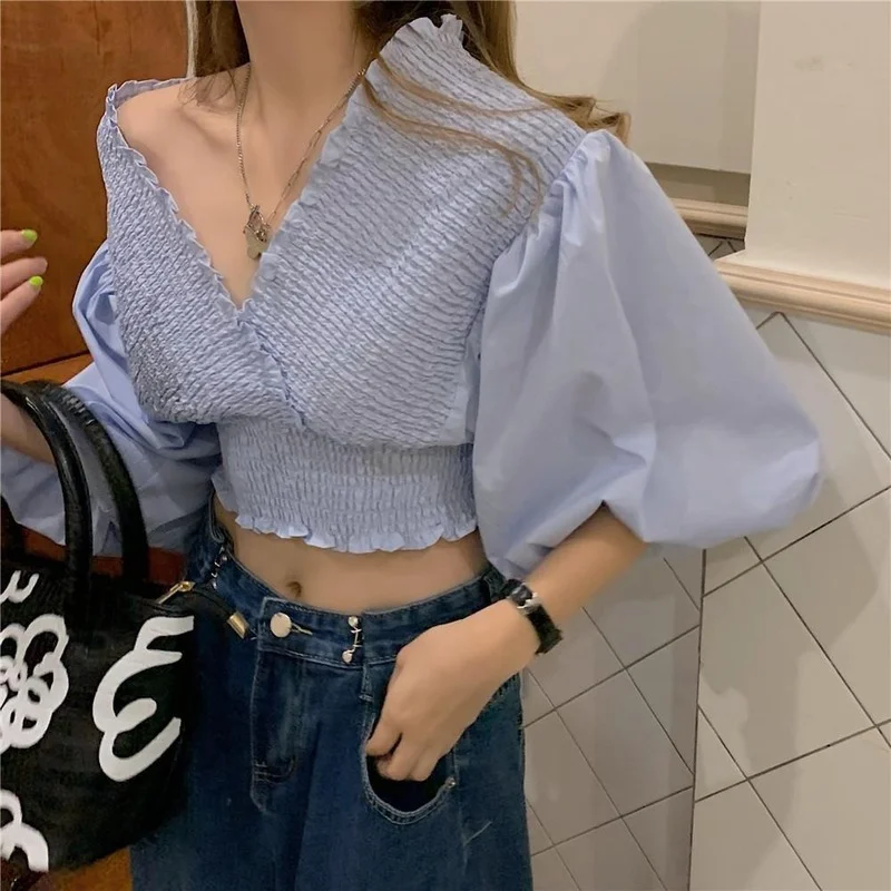 

Blue Blouses Women Pleated Short Puff Sleeves V-neck Female Sweet Cropped Tops Korean Stylish Designer Slim Summer Shirts Trendy