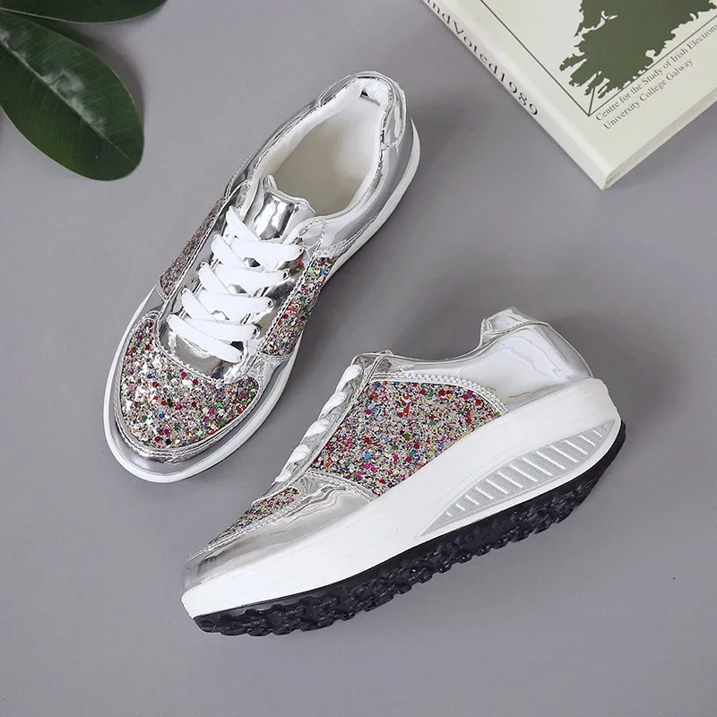 

Women Casual Shoes Wedge Heel New Bling Outdoor Breathable Ladies Shoes Lace Up Mix Colors Female Platform Female Sneakers