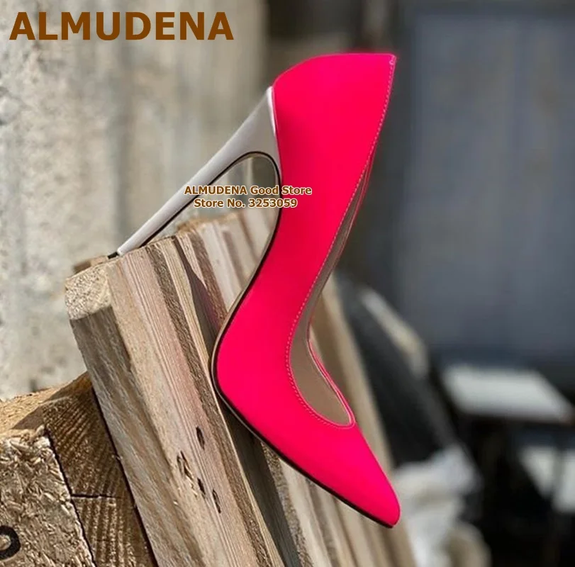 

ALMUDENA White Thin High Heels Pink Neon Yellow Wedding Shoes Slip-on Pointed Toe Denim Gladiator Pumps 12cm 10cm 8cm Dropship