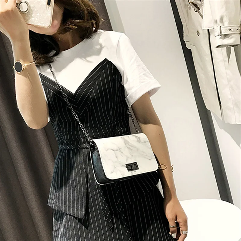 

2021 Marble Pattern Shoulder Bag Lock All-match PU Fashion Small Square Bag