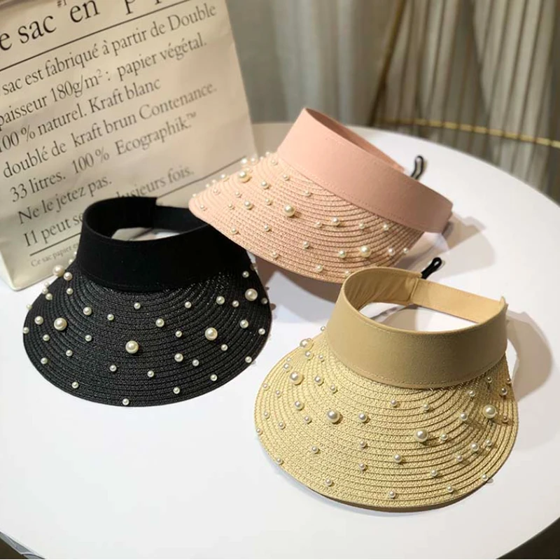 

Соломенная шляпа женская, с жемчугом и широкими полями, летняя, 2020