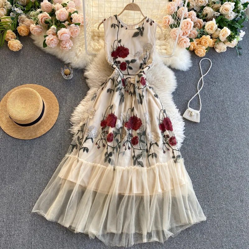 

Женское платье-трапеция с круглым вырезом, цветочной вышивкой, без рукавов, с высокой талией, из газовой ткани, элегантная одежда, новинка 2021
